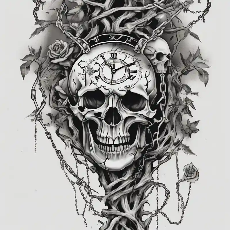 tattoo sleeve, tree roots break out of the chains at the bottom of the hand, Symbolizing loss, an image of a broken mask